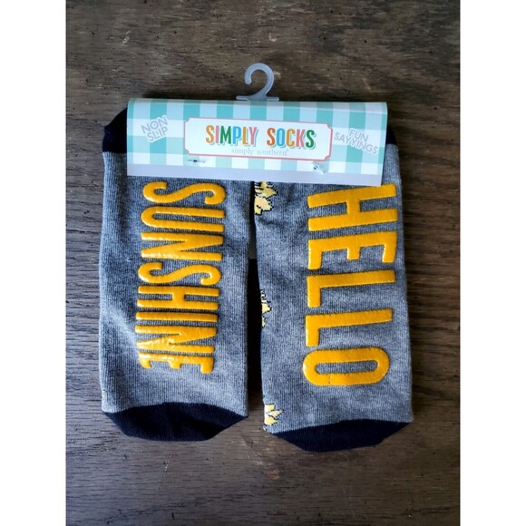 Simply Southern Socks Hello Sunshine Gray Yellow Non Slip Unisex W 4-10.5 M 5-10 - Picture 1 of 3